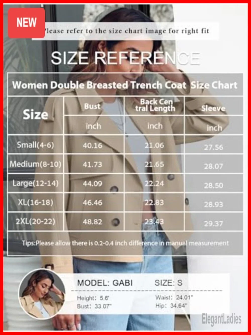 Women's Crop Double Breasted Trench Coat with Pockets, Windproof